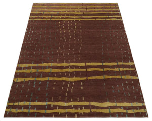 5x7 Brown and Gold Stripes Pattern Hand knotted Wool and Art Silk Area Rug