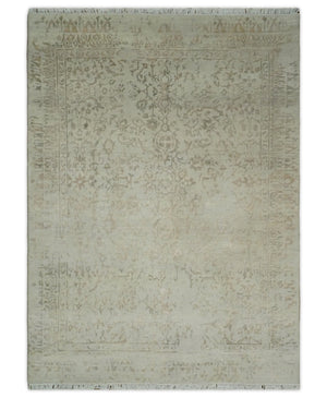 5x7 Fine Hand Knotted Beige and Brown Traditional Vintage Persian Style Antique Wool and Silk Rug | AGR50