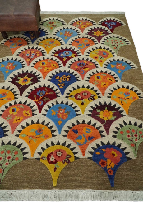 5x7 Flatwoven Soumak Brown and Ivory with multicolor Wool Hand Woven Floral Design Rug | KNT21