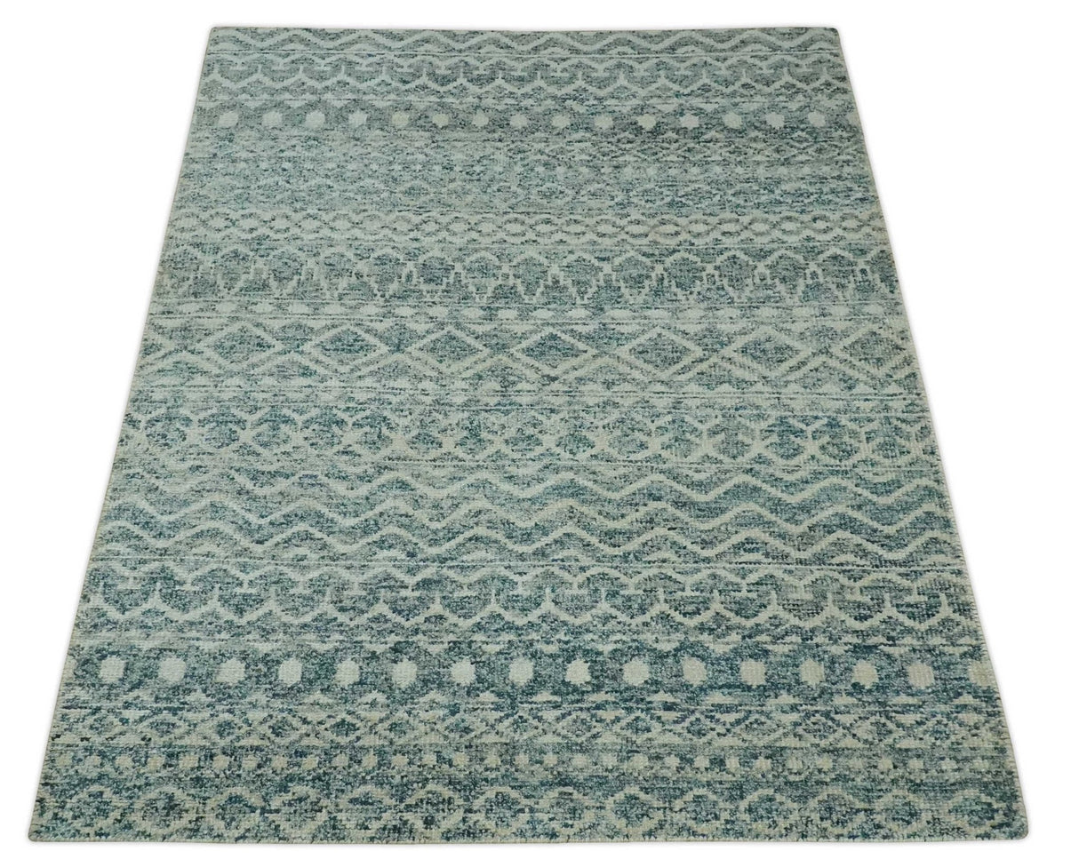 5x7 Teal and Beige Hand knotted southwestern Tribal trellis recycled Art Silk rug