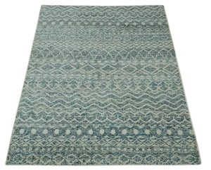5x7 Teal and Beige Hand knotted southwestern Tribal trellis recycled Art Silk rug