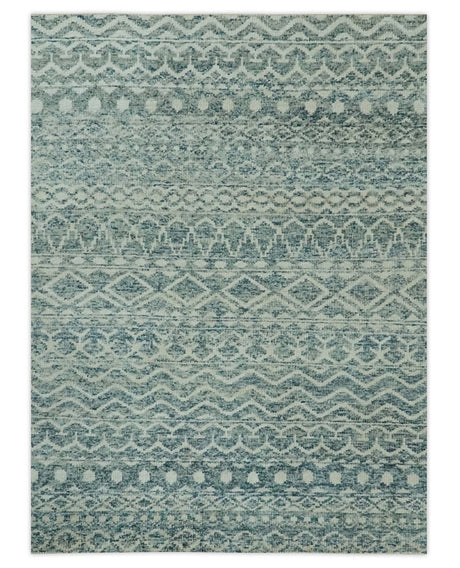5x7 Teal and Beige Hand knotted southwestern Tribal trellis recycled Art Silk rug