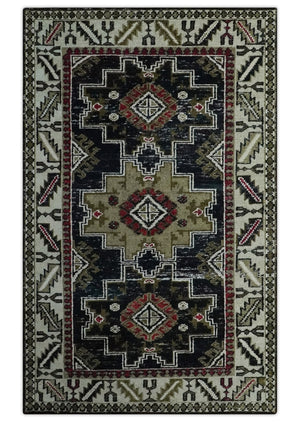 5x8 Black and Silver Traditional Heriz Hand Knotted wool area Rug