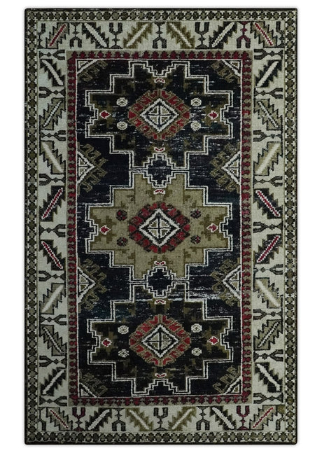 5x8 Black and Silver Traditional Heriz Hand Knotted wool area Rug