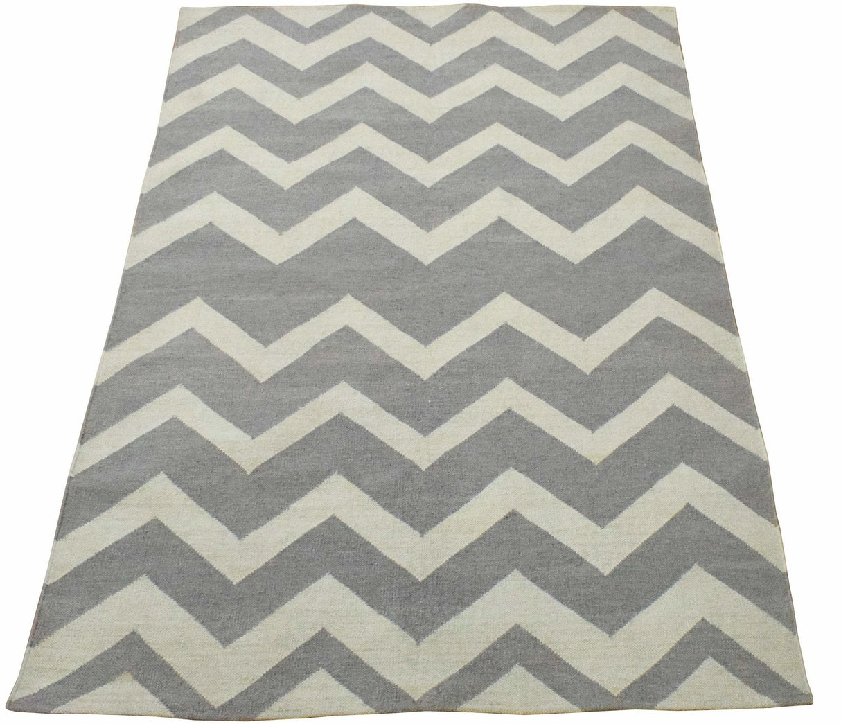 5x8 Dhurrie Rug, Gray and White Chevron Pattern Rug