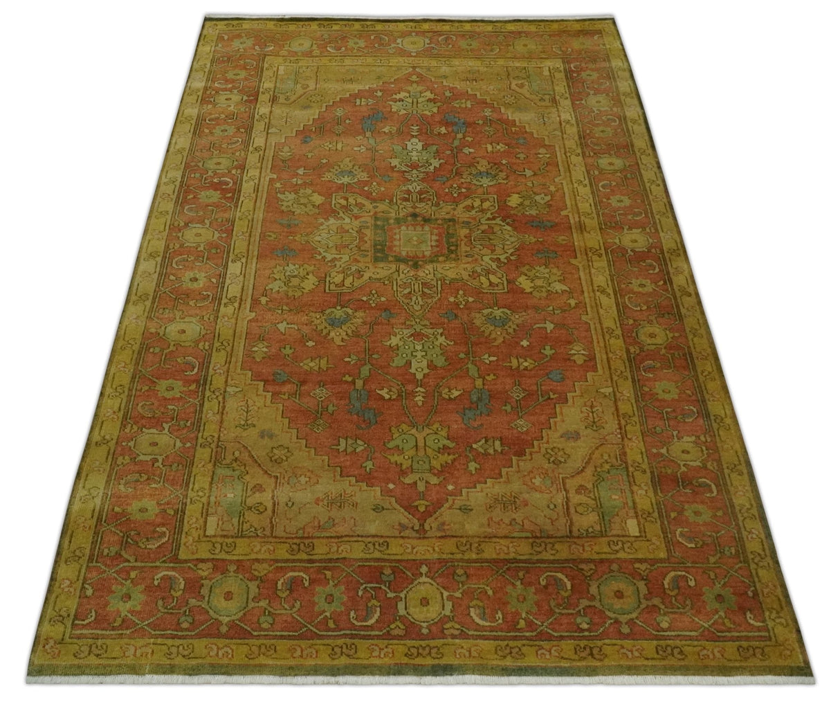 5x8 Gold and Rust Heriz Serapi Traditional Vintage Antique Hand Knotted Wool Area Rug