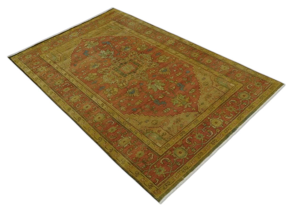 5x8 Gold and Rust Heriz Serapi Traditional Vintage Antique Hand Knotted Wool Area Rug