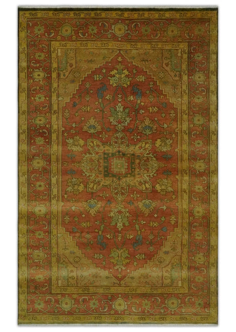 5x8 Gold and Rust Heriz Serapi Traditional Vintage Antique Hand Knotted Wool Area Rug
