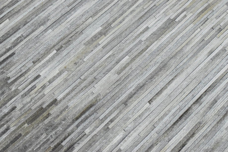5x8 Hairon Genuine Leather Stripe Design Handmade Gray and Silver Area Rug | LR5B