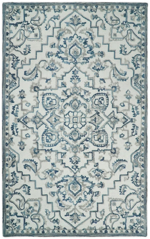 5x8 Hand Hooked Blue and Silver Wool Textured Loop Area Rug | GAR1