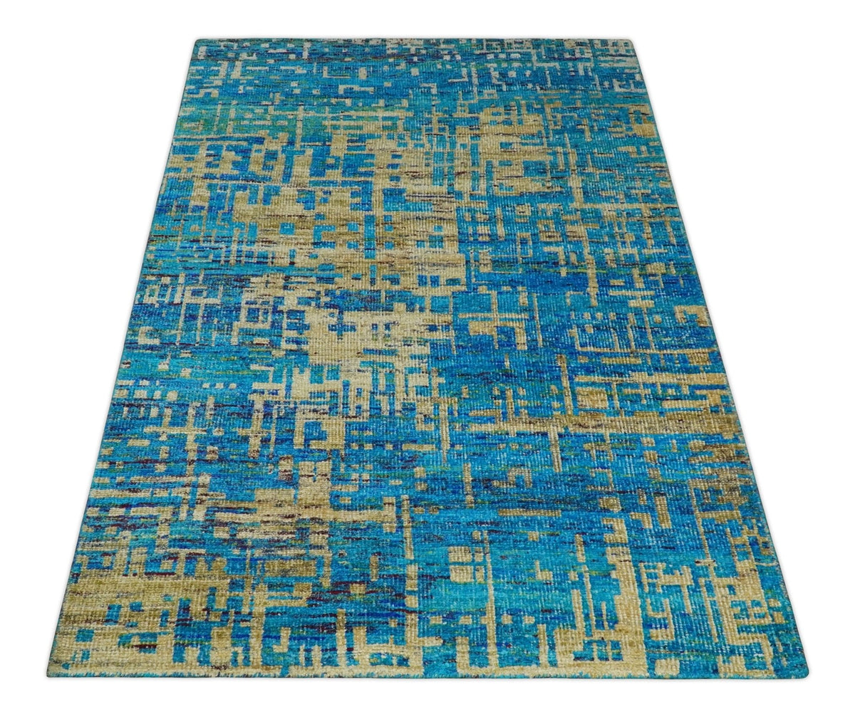 5x8 Hand Knotted Beige and Blue Modern Abstract Contemporary Recycled Silk Area Rug | OP101
