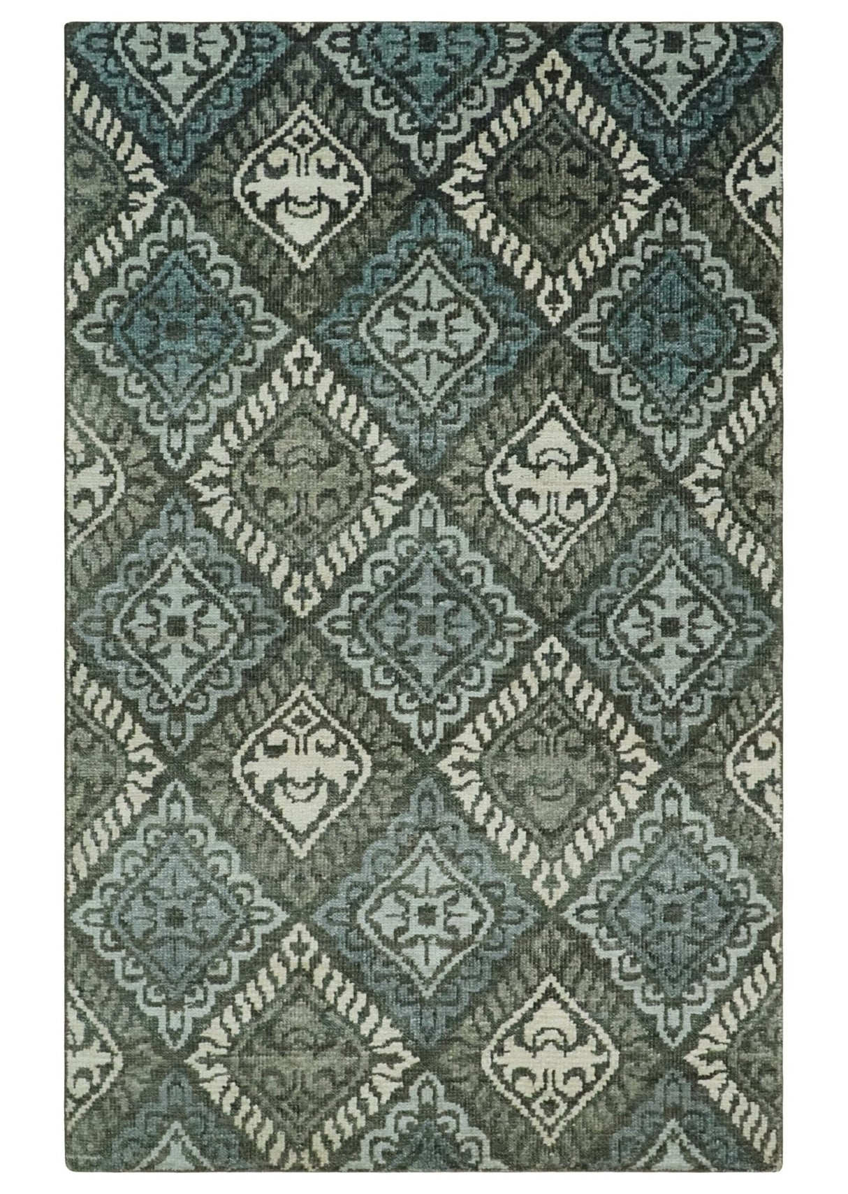 5x8 Hand Knotted Charcoal, Blue and Ivory Antique Persian Style Contemporary Bamboo Silk Area Rug | OP88