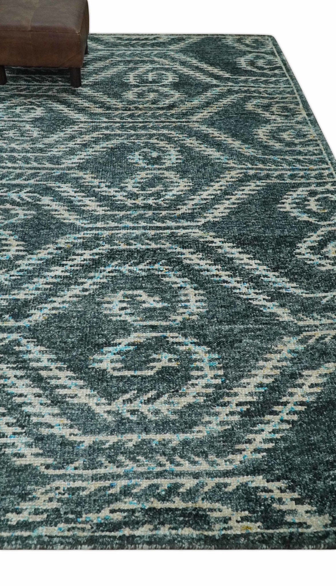 5x8 Hand Knotted Dark Gray and Ivory Modern Contemporary Southwestern Tribal Trellis Recycled Silk Area Rug | OP115