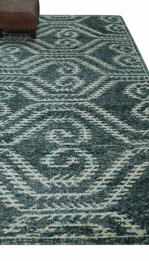 5x8 Hand Knotted Dark Gray and Ivory Modern Contemporary Southwestern Tribal Trellis Recycled Silk Area Rug | OP115
