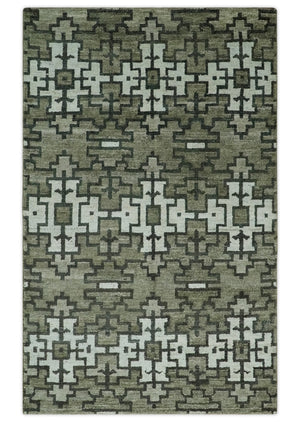 5x8 Hand Knotted Gray, Charcoal and Ivory Modern Contemporary Southwestern Tribal Trellis Recycled Silk Area Rug | OP124