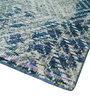 5x8 Hand Knotted Ivory, Blue and Teal Modern Geometric Contemporary Recycled Silk Area Rug | OP102