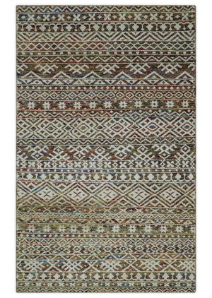 5x8 Hand Knotted Ivory, Olive and Rust Modern Contemporary Southwestern Tribal Trellis Recycled Silk Area Rug | OP121