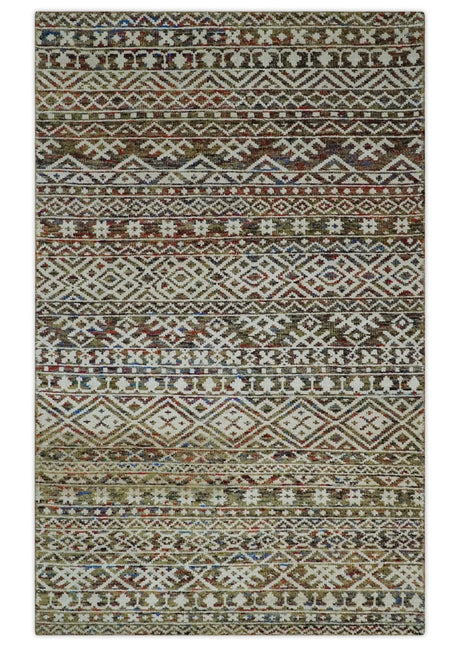 5x8 Hand Knotted Ivory, Olive and Rust Modern Contemporary Southwestern Tribal Trellis Recycled Silk Area Rug | OP121