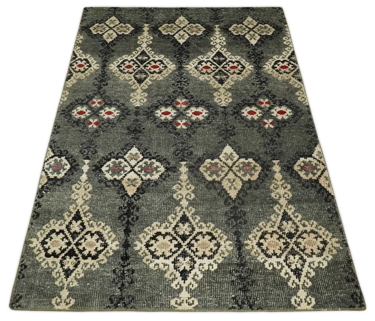 5x8 Hand Knotted Moss Green, Beige and Black Antique Persian Style Contemporary Recycled Silk Area Rug | OP73