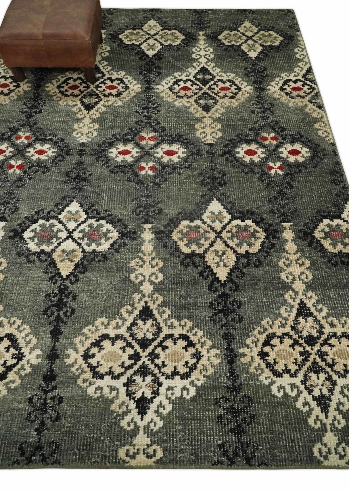 5x8 Hand Knotted Moss Green, Beige and Black Antique Persian Style Contemporary Recycled Silk Area Rug | OP73