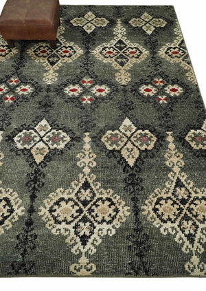 5x8 Hand Knotted Moss Green, Beige and Black Antique Persian Style Contemporary Recycled Silk Area Rug | OP73