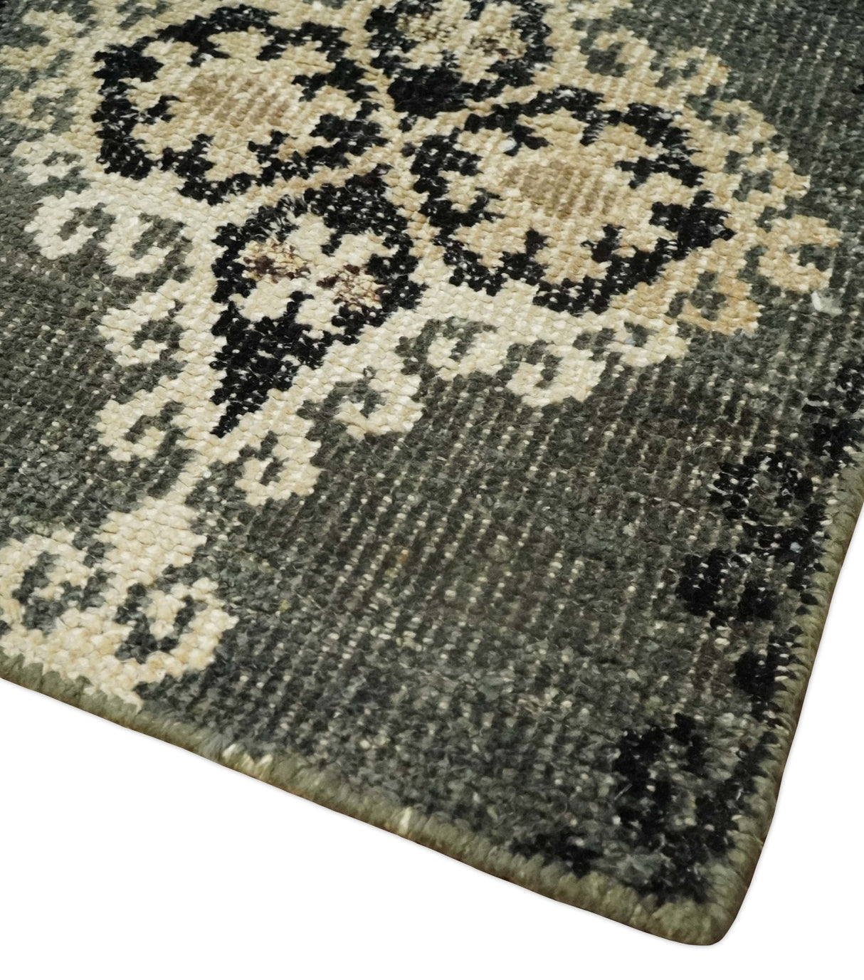 5x8 Hand Knotted Moss Green, Beige and Black Antique Persian Style Contemporary Recycled Silk Area Rug | OP73