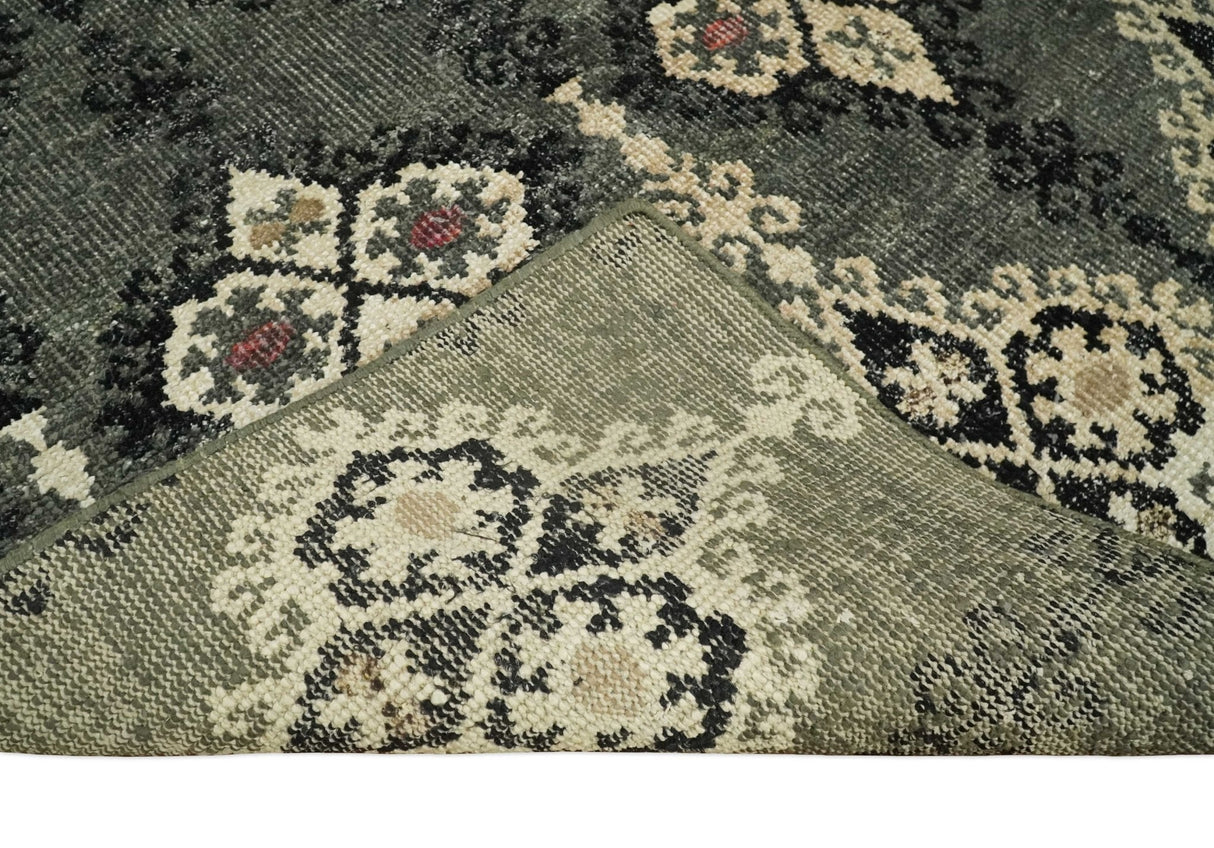 5x8 Hand Knotted Moss Green, Beige and Black Antique Persian Style Contemporary Recycled Silk Area Rug | OP73