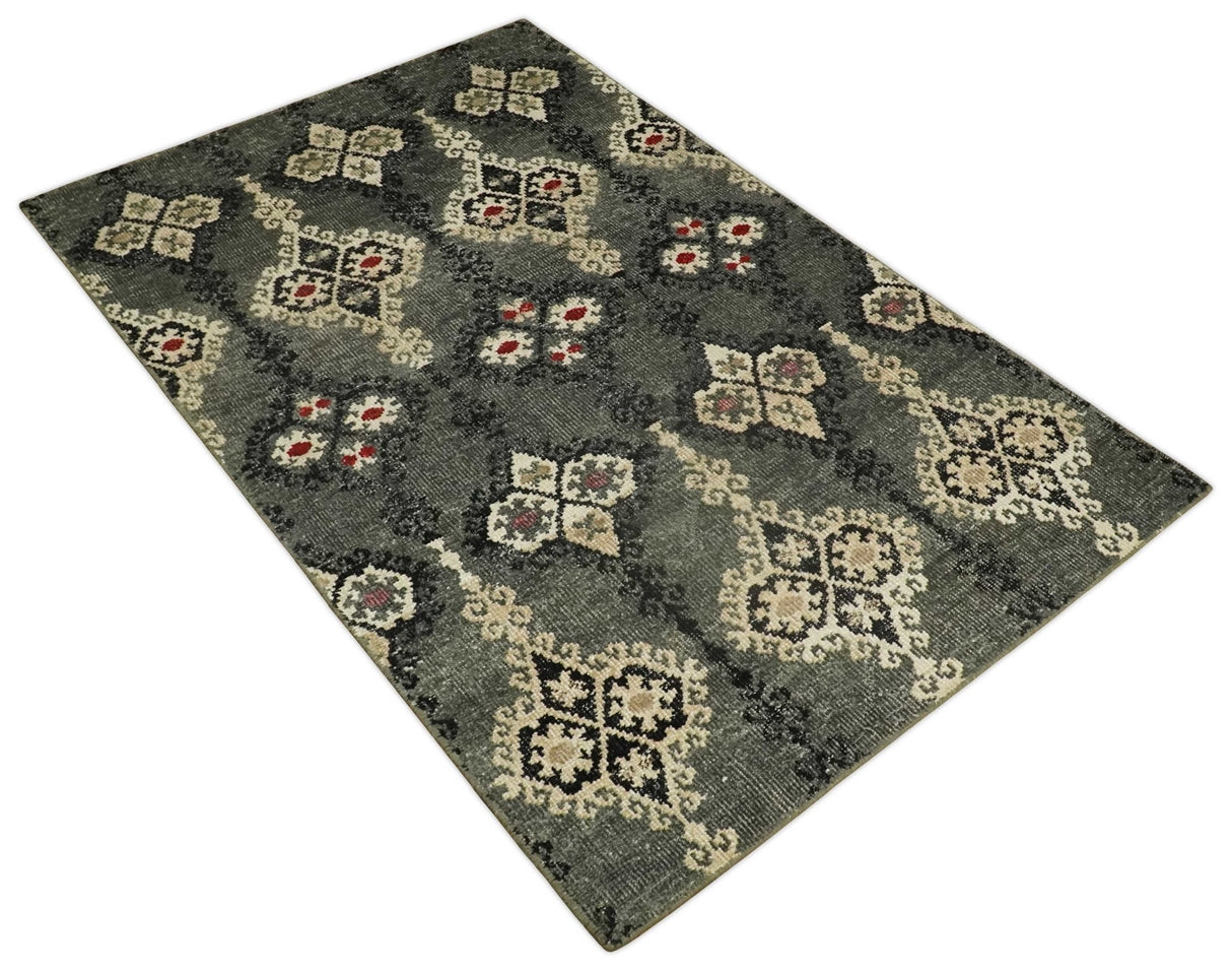 5x8 Hand Knotted Moss Green, Beige and Black Antique Persian Style Contemporary Recycled Silk Area Rug | OP73