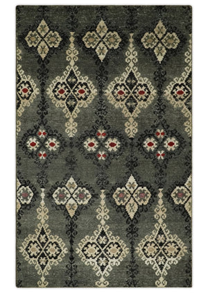 5x8 Hand Knotted Moss Green, Beige and Black Antique Persian Style Contemporary Recycled Silk Area Rug | OP73
