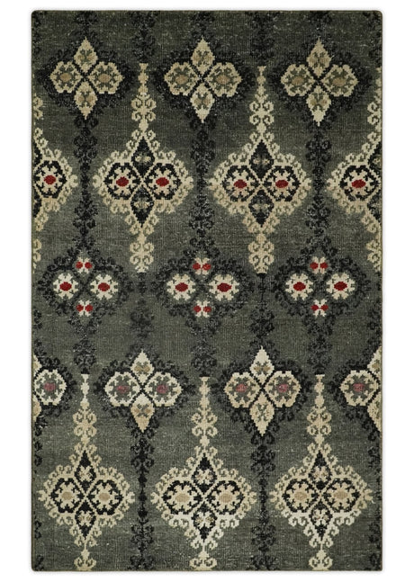 5x8 Hand Knotted Moss Green, Beige and Black Antique Persian Style Contemporary Recycled Silk Area Rug | OP73