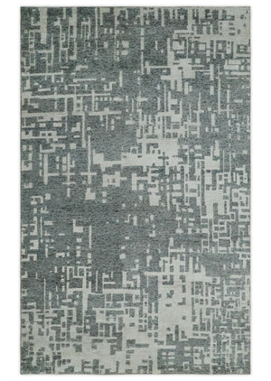 5x8 Hand Knotted Silver, Charcoal and Ivory Modern Abstract Contemporary Recycled Silk Area Rug