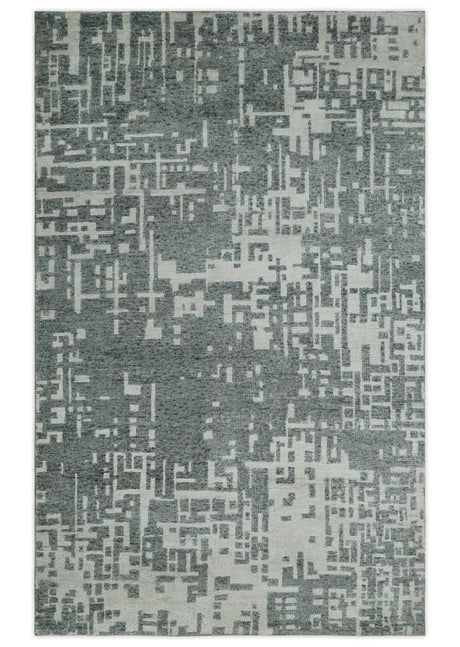 5x8 Hand Knotted Silver, Charcoal and Ivory Modern Abstract Contemporary Recycled Silk Area Rug