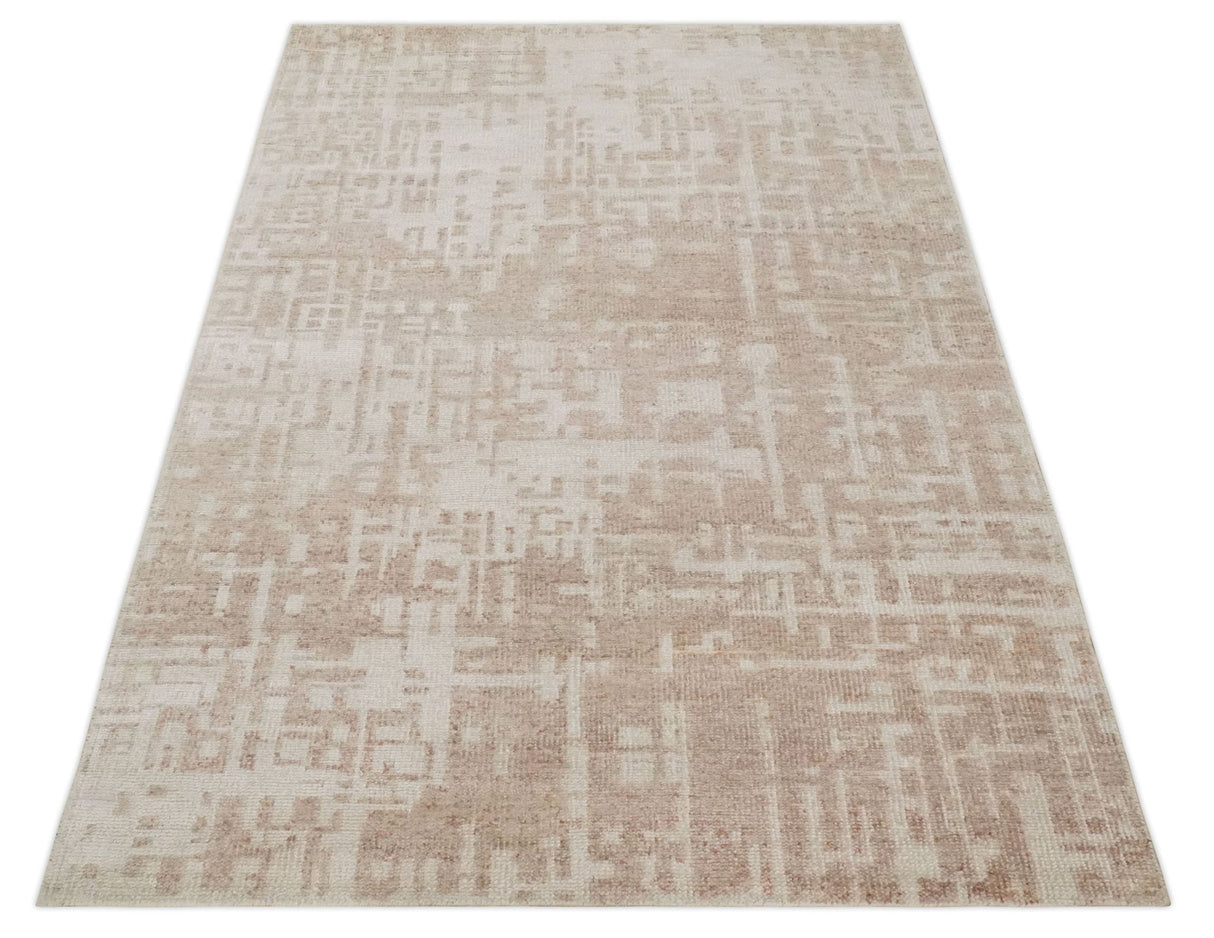 5x8 Hand Knotted Tan and Ivory Modern Abstract Contemporary Recycled Silk Area Rug