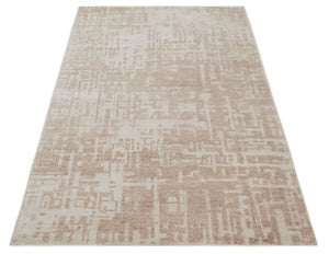 5x8 Hand Knotted Tan and Ivory Modern Abstract Contemporary Recycled Silk Area Rug