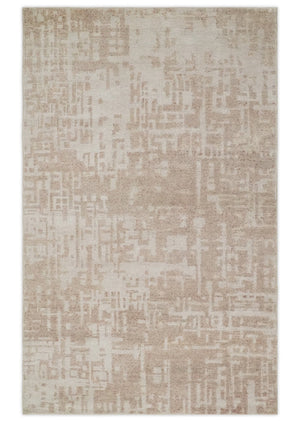 5x8 Hand Knotted Tan and Ivory Modern Abstract Contemporary Recycled Silk Area Rug