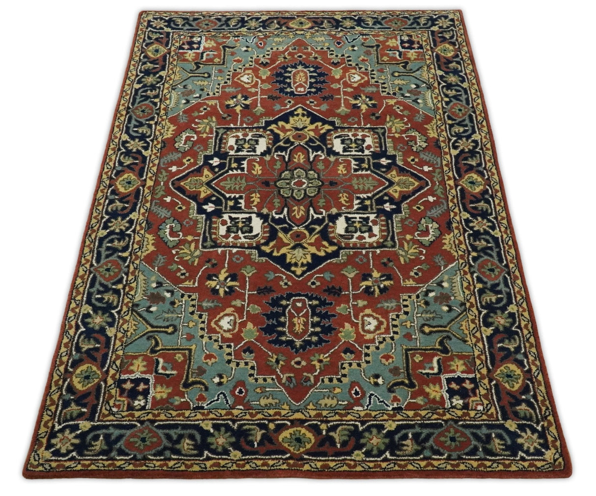 5x8 Handmade Rust and Blue made with fine wool Area Rug | TRDCP11858