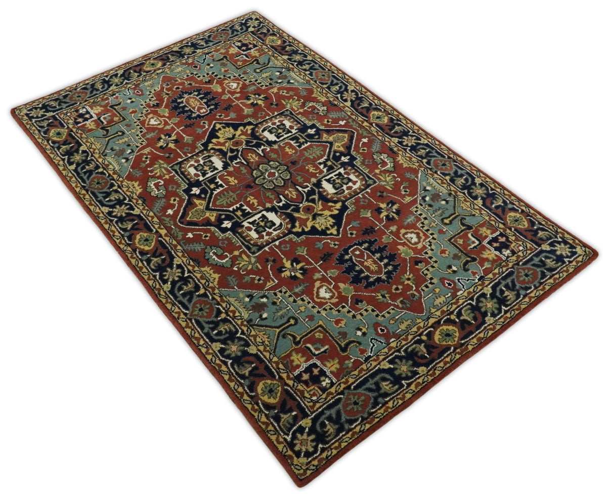 5x8 Handmade Rust and Blue made with fine wool Area Rug | TRDCP11858