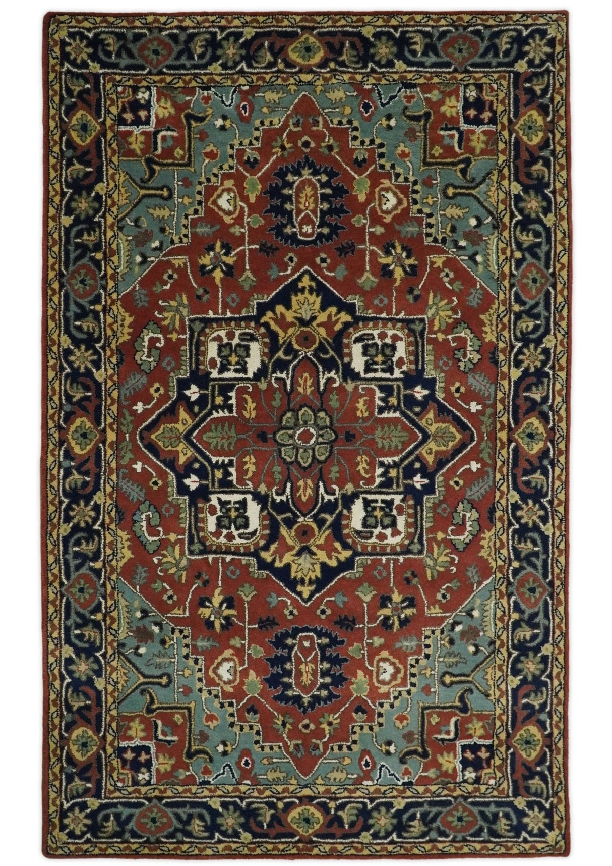 5x8 Handmade Rust and Blue made with fine wool Area Rug | TRDCP11858