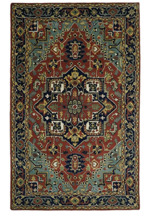 5x8 Handmade Rust and Blue made with fine wool Area Rug | TRDCP11858