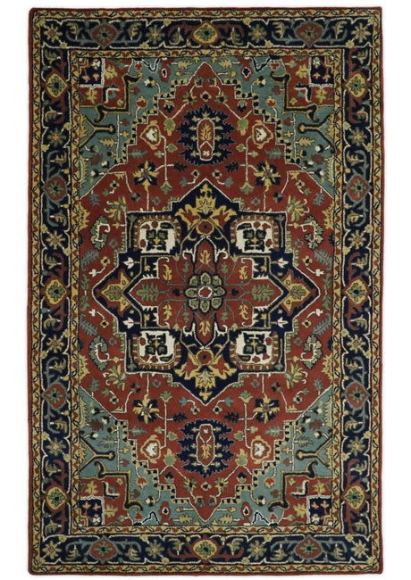 5x8 Handmade Rust and Blue made with fine wool Area Rug | TRDCP11858