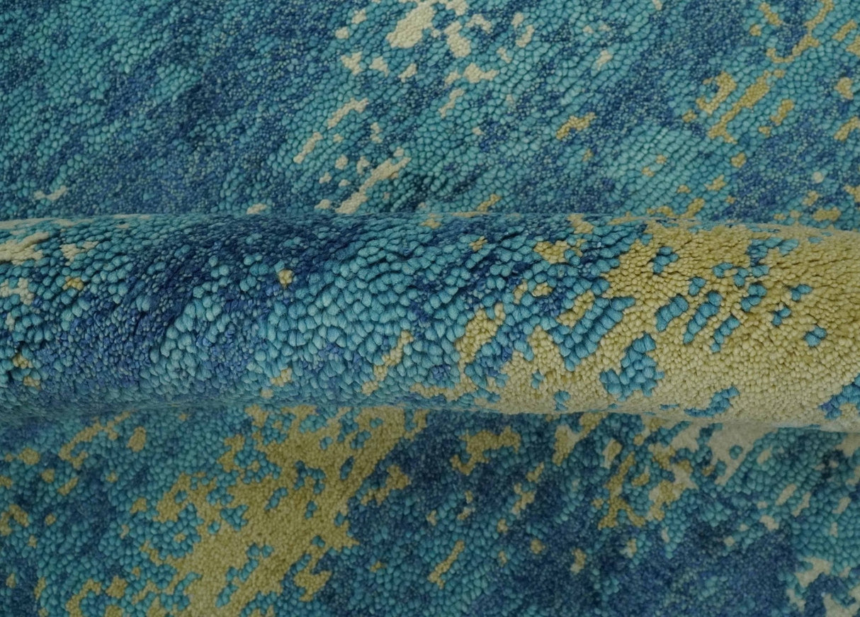 5x8 Modern Abstract Blue, Ivory and Olive Hand Knotted wool Area Rug