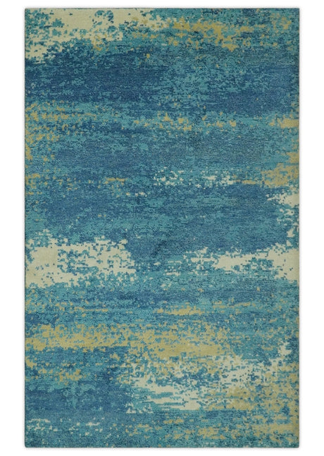 5x8 Modern Abstract Blue, Ivory and Olive Hand Knotted wool Area Rug