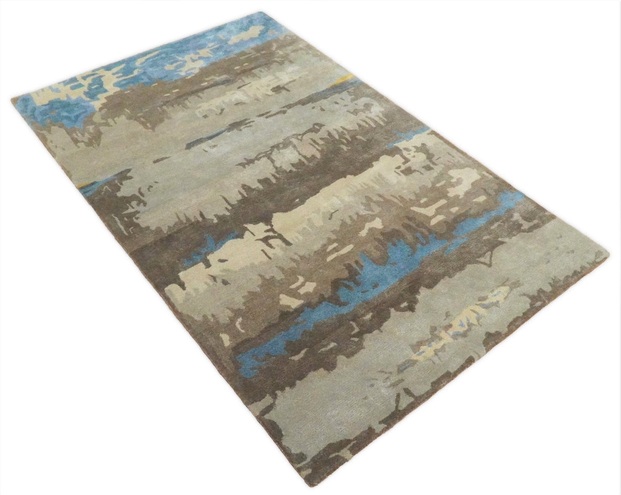 5x8 Modern Abstract Handmade Brown and Blue fine Wool art silk Area Rug