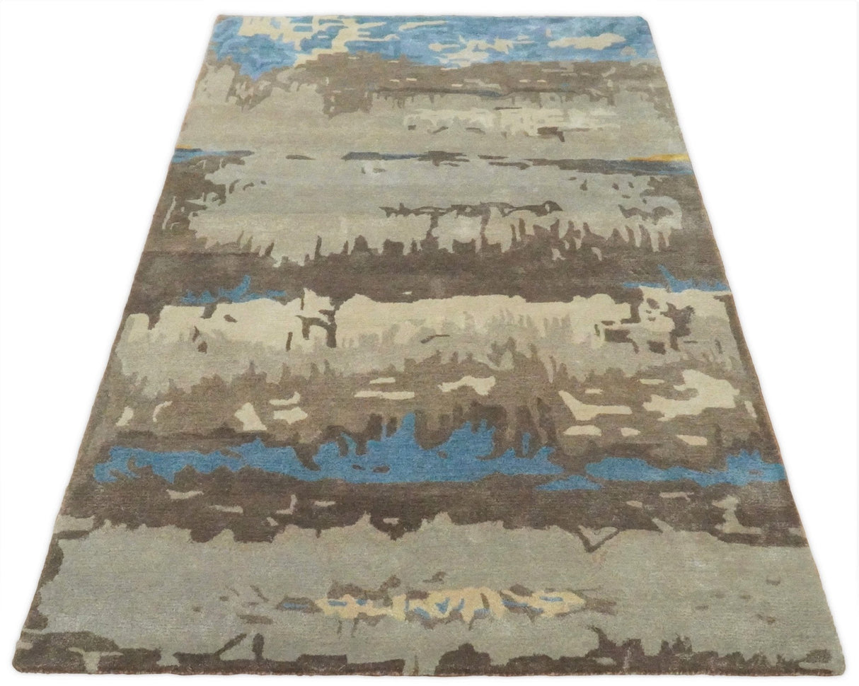 5x8 Modern Abstract Handmade Brown and Blue fine Wool art silk Area Rug