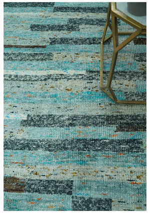 5x8 Modern Geomatical Aqua, Gray and Silver Stripes Design Hand Knotted wool Rug