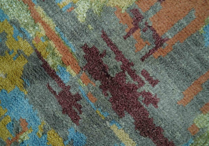 5x8 Olive, Dark Peach, Aqua and Maroon Modern Abstract Hand Knotted wool Area Rug