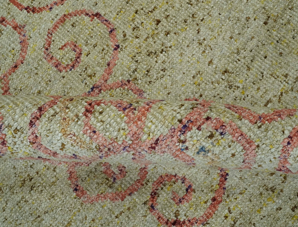 5x8 Olive, Silver and dark Peach Hand Knotted Traditional Floral wool area Rug