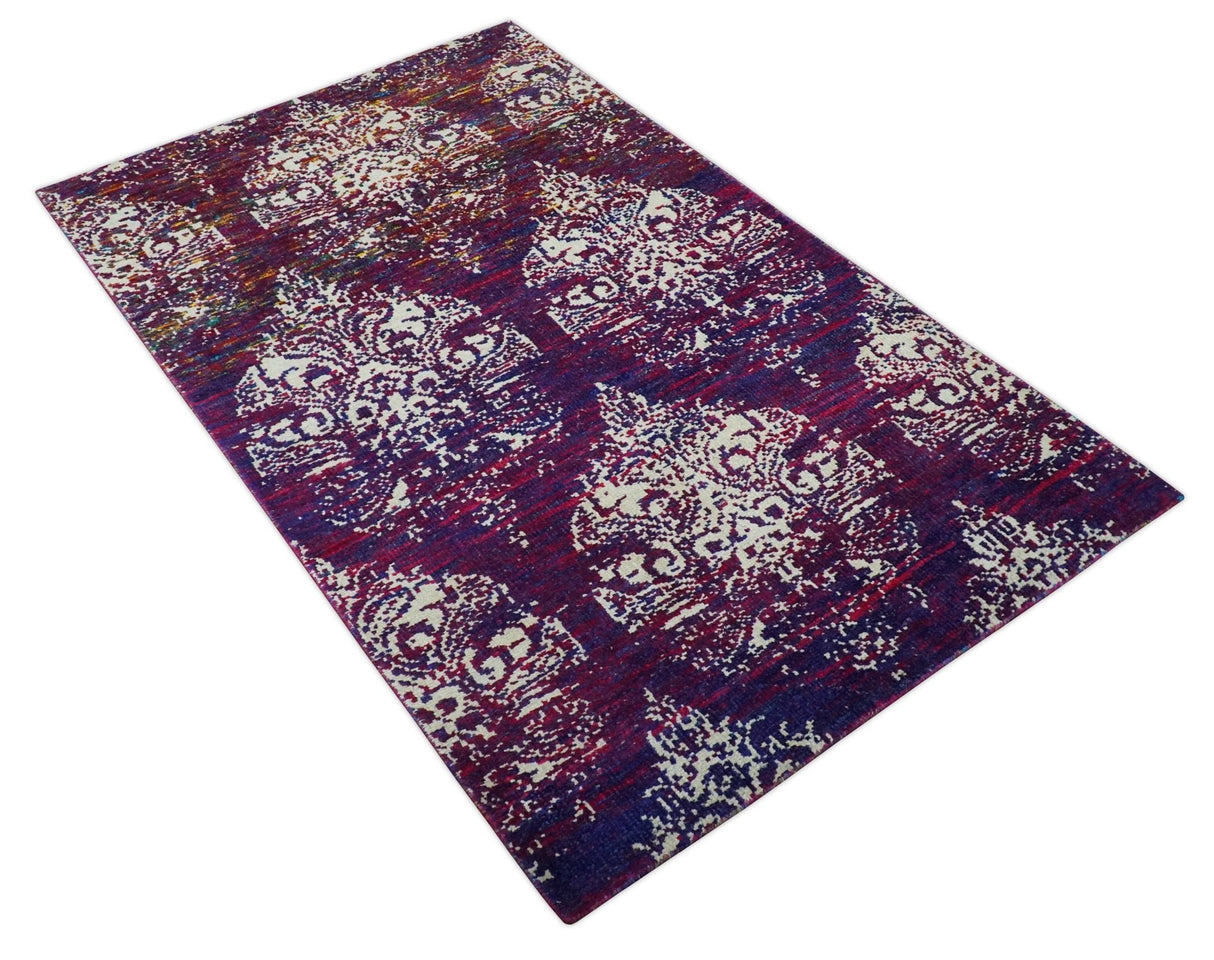 5x8 Purple, Maroon and Ivory Traditional Large Ikat Design Hand Knotted wool Area Rug