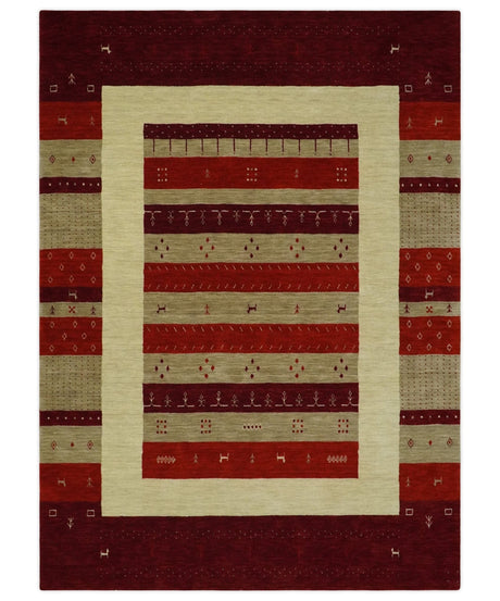 5x8 Red, Maroon and Beige Striped Wool Hand Woven Southwestern Lori Gabbeh Rug | KNT26