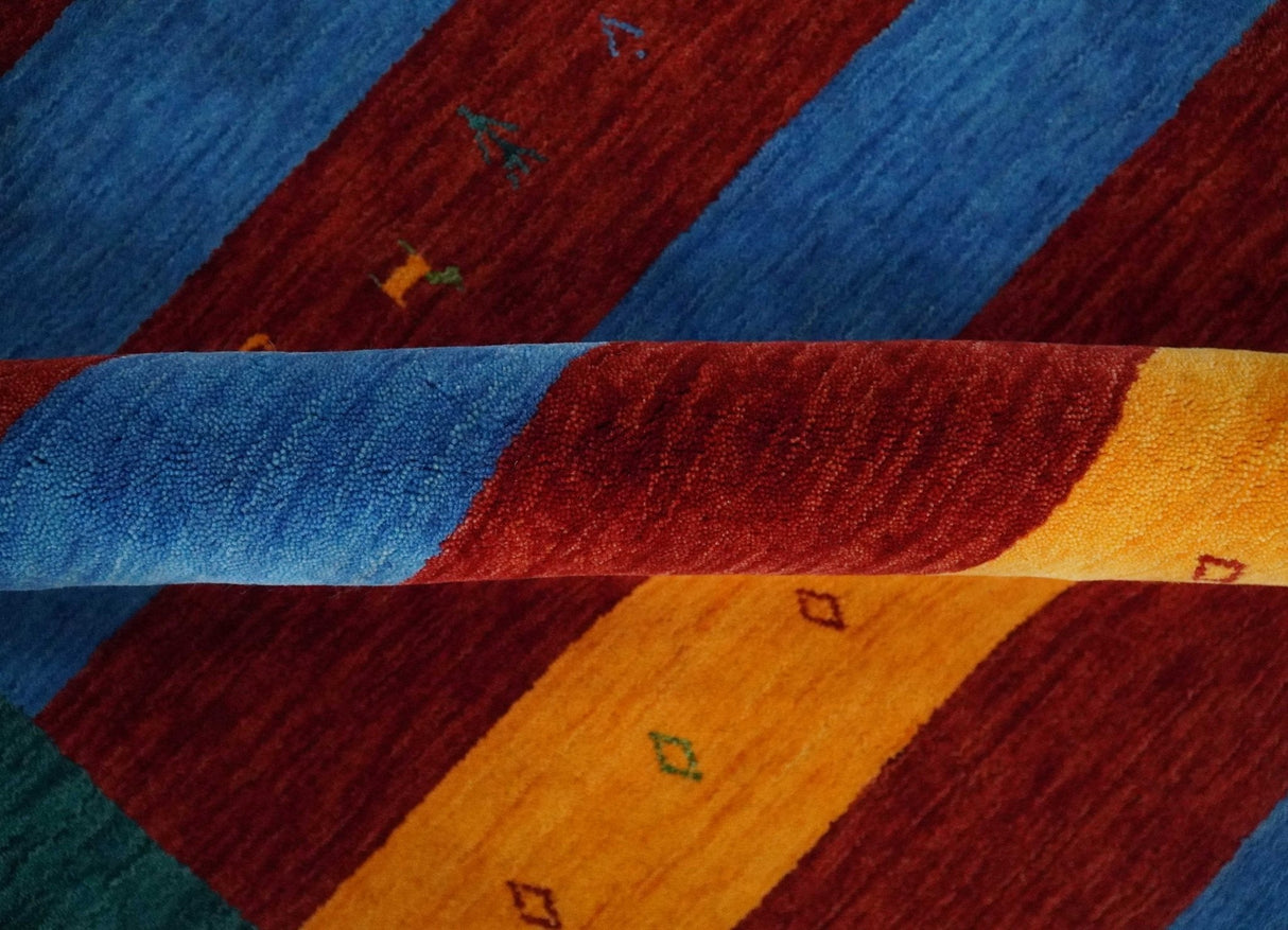 5x8 Vibrant Red, Blue, Yellow and Green Striped Wool Hand Woven Southwestern Lori Rug | KNT17
